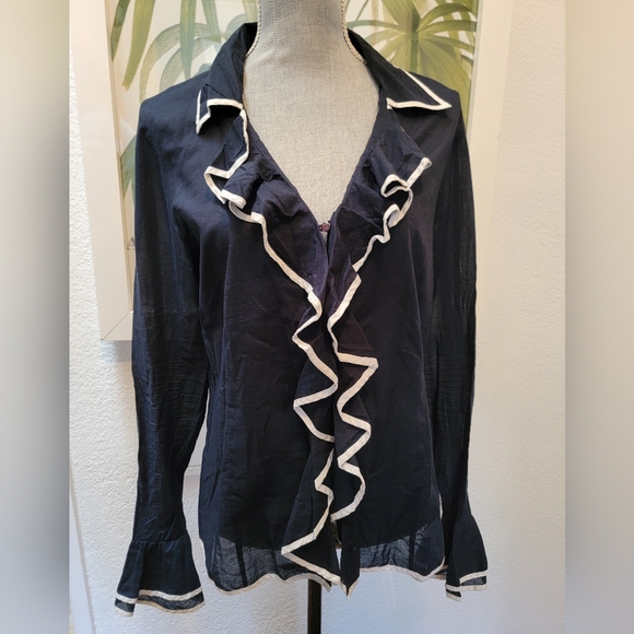 $150 OSCAR DE LA RENTA BLUE WHITE RUFFLE COTTON SHIRT US 16 - Picture 1 of 3